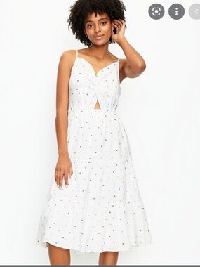 LOFT Dotted Twist Tiered Midi Dress Size 16 | White Multi Polka Dot